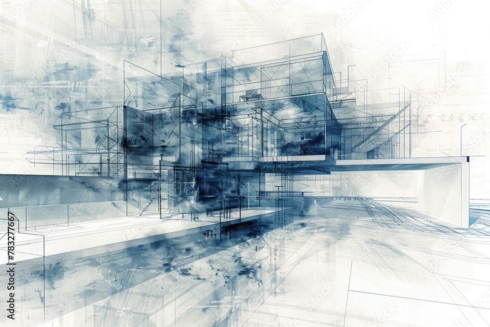 Poster A drawing of a building with a clear sky background. Suitable for architectural projects