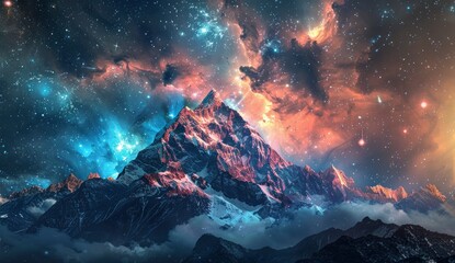 A mountain in space, starry sky with galaxies and stars.