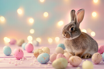 Fototapeta na wymiar Easter Bunny with chocolate easter eggs on pastel wall background.