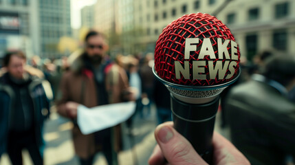 "Fake News" Microphone Close-up with Journalist on Street