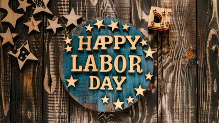 A wooden background with an American flag and the words HAPPY LABOR DAY