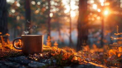 Forest morning light warms steamy cup on autumn stump - obrazy, fototapety, plakaty