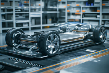 Futuristic electric car chassis and battery packs with high performance or future EV factory production and prototype showcase concept. - obrazy, fototapety, plakaty