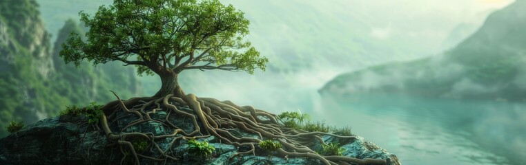 Tree painting on cliff overlooking water - obrazy, fototapety, plakaty
