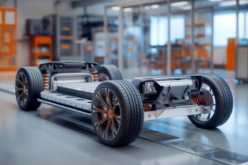 Futuristic electric car chassis and battery packs with high performance or future EV factory production and prototype showcase concept.