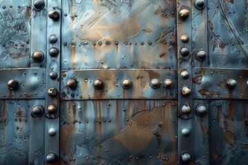 A close up of a weathered metal surface with rivets.