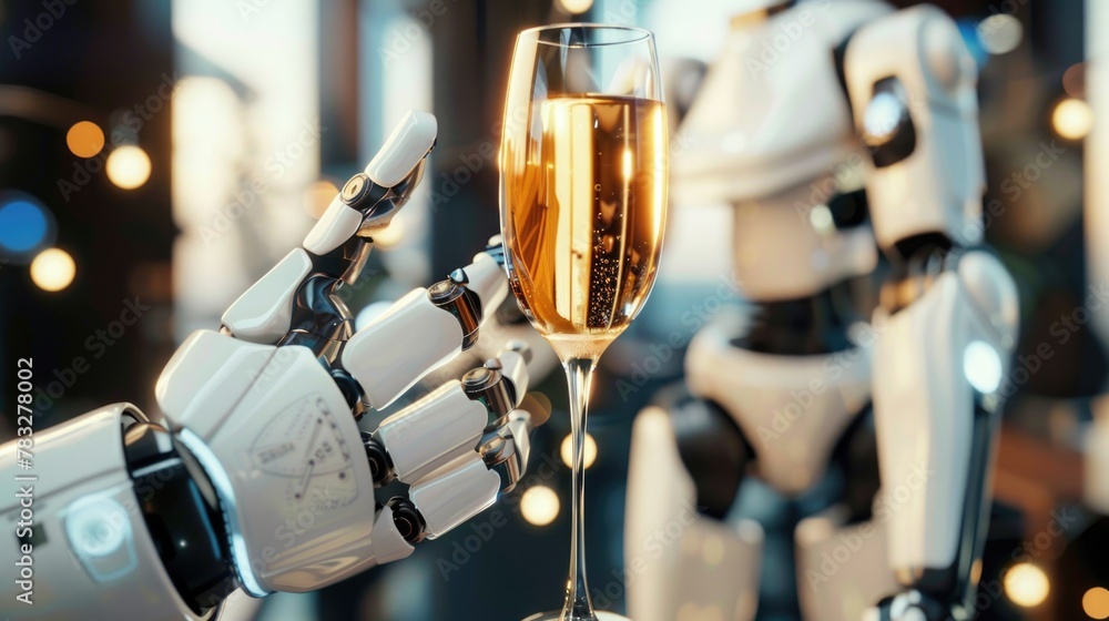 Poster Close up of a glass of wine with a robot in the background. Suitable for technology or futuristic concepts