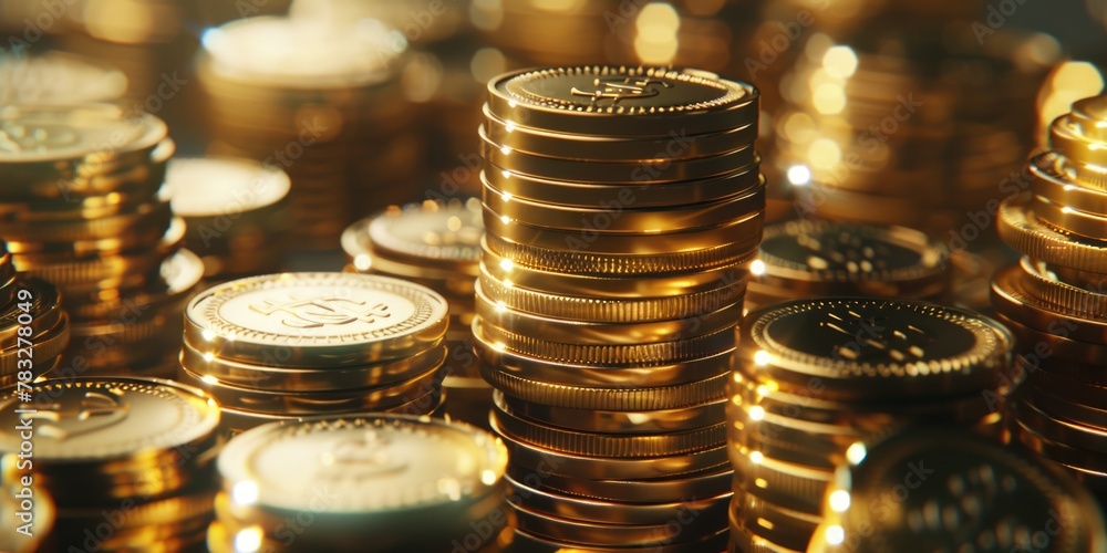 Poster a pile of gold coins stacked on top of each other. perfect for financial concepts and wealth themes