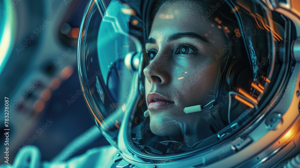 Poster Close up of a person in a space suit. Suitable for science and technology concepts