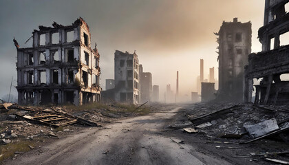 Post-apocalyptic ruined city. Destroyed buildings and ruined roads. Destruction and decay. - obrazy, fototapety, plakaty