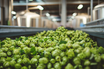 Hops and raw materials for making beer along with stainless steel tanks for brewing beer in a clean room.