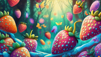 oil painting style cartoon character Organic fresh red strawberries, 