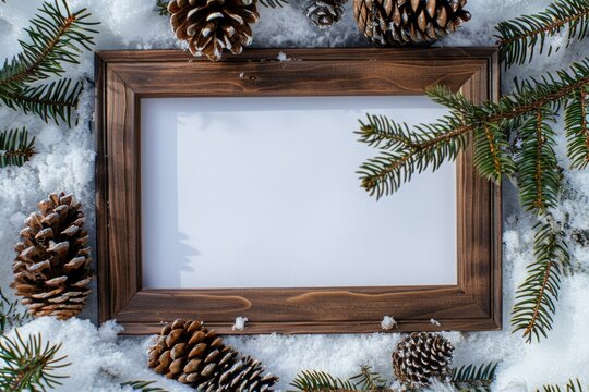 A festive picture frame decorated with pine cones and snow. Perfect for winter and holiday themed designs