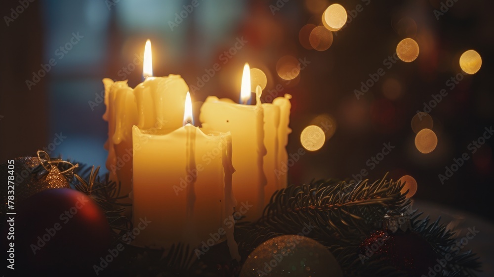 Poster A group of lit candles on a table, perfect for adding warmth and ambiance to any setting