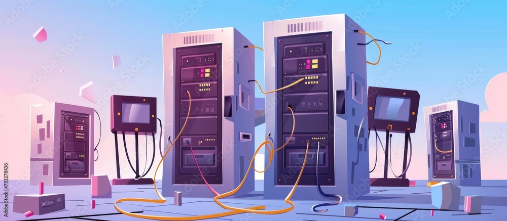 Poster multiple servers in close range connected by a vibrant yellow cord, illustrating a network setup