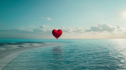 A heart-shaped balloon drifts on the oceans surface, contrasting with the blue water. The balloon bobs gently in the waves, carried by the currents. - 783278404