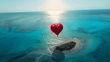 A heart-shaped balloon hovers above a tiny island in the image. The balloons vibrant color stands out against the backdrop of the blue sky and surrounding water. The island appears small, with lush - 783278406