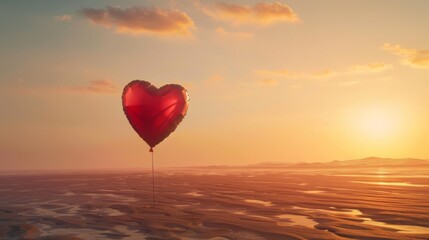 A red heart-shaped balloon is gently floating in the air, displaying its classic symbolic shape. The balloon appears light and airy against the clear sky backdrop. - obrazy, fototapety, plakaty