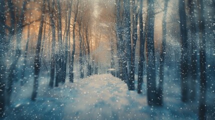 Snow covered path in a snowy forest, suitable for winter themed designs