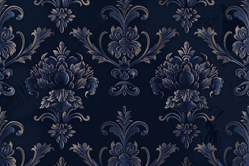 Lavish midnight blue damask wallpaper, ideal for adding a touch of classic luxury to interiors, event backgrounds, or graphic designs. - obrazy, fototapety, plakaty