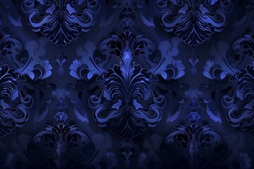 Lavish midnight blue damask wallpaper, ideal for adding a touch of classic luxury to interiors, event backgrounds, or graphic designs.