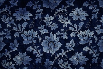 This navy blue damask pattern provides an air of majestic elegance, perfect for sophisticated wallpapers, fabric designs, or editorial backdrops. - obrazy, fototapety, plakaty