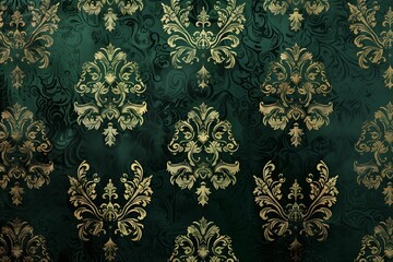 An exquisite emerald green wallpaper adorned with gold damask patterns, ideal for creating a regal atmosphere in luxurious interiors