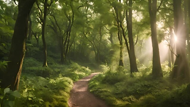 Walking path trough green forest. Sunny day. Hiking trail walking path in wild green pine forest. Sunlight shining beauty 4k video