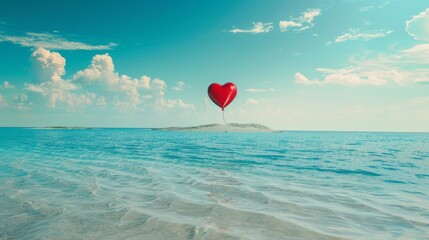 A red heart-shaped balloon is seen floating in the vast ocean, bobbing gently on the waves. The balloon stands out against the blue waters, creating a striking contrast.