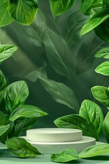 A podium set against a vivid backdrop of green leaves offers a vibrant, life-affirming platform for featuring health and wellness products or fresh, botanical designs.