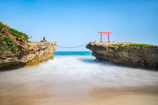 Red torii gate of the Shirahama Shrine, Shimoda, Shizuoka Prefecture, Honshu, Japan