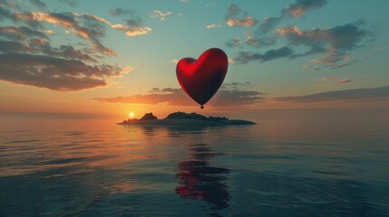 A heart-shaped balloon floats gracefully in the sky over a body of water, casting a reflection on the calm surface below. The balloon is vivid against the blue backdrop, creating a striking contrast