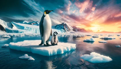 Fotobehang  Antarctica icebergs melting  with penguin family lonely for environment issue concept of climate change effects © NanzXy