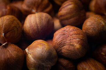 hazelnut kernels close-up. macro shot of the texture of a pile of nuts