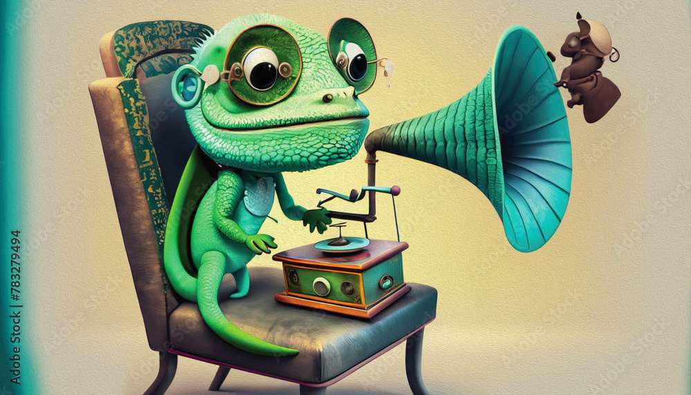 Poster oil painting style cartoon character Green chameleon on a chair character cartoon listens to music from an old gramophone