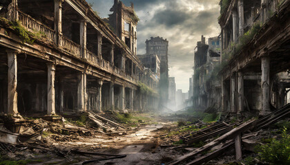 Fototapeta na wymiar Post-apocalyptic ruined city. Destroyed buildings and ruined roads. Destruction and decay.