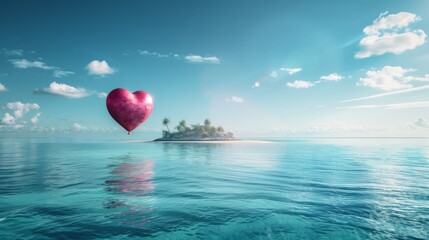A heart-shaped balloon drifts on the oceans surface, gently bobbing in the waves. The bright red balloon contrasts against the deep blue water, creating a striking visual.