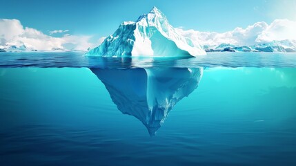 A large iceberg, originating from Antarctica, is seen floating in the ocean waters. The icebergs pristine white surface contrasts with the deep blue of the surrounding water, creating a striking