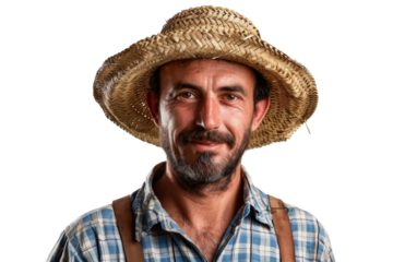 Portrait studio shot of mature senior Farmer man weaning straw hat isolated on transparent png background, person look at camera, agriculture worker.