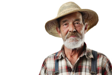 Portrait studio shot of mature senior Farmer man weaning straw hat isolated on transparent png background, person look at camera, agriculture worker. - obrazy, fototapety, plakaty