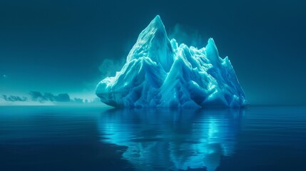 A large iceberg floats in the dark ocean waters at night, illuminated by the moonlight. The ice mass stands out against the black background, its jagged edges and massive size creating a striking