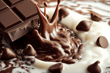 In a splash of cream milk, dark chocolate is presented AI Generative