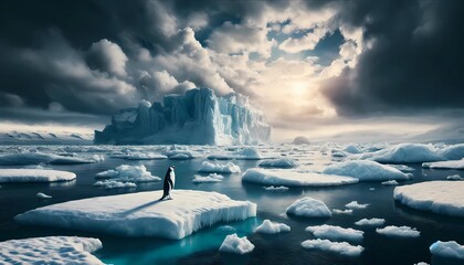  Antarctica icebergs melting  with penguin lonely for environment issue concept of climate change effects - obrazy, fototapety, plakaty