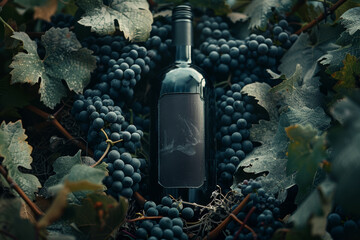 Black glass wine bottle laying among bunches of ripe grapes, top view, mockup, macro shot - obrazy, fototapety, plakaty