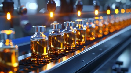 Amber glow in factory vials on conveyor belt