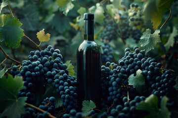 Bunches of ripe dark grapes and black glass bottle of wine, macro shot