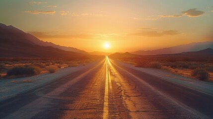 Desert road leading into a serene sunset over a tranquil horizon - obrazy, fototapety, plakaty