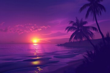 Sunset over ocean with palm trees