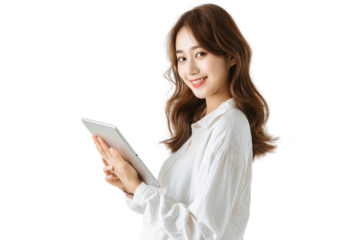Studio portrait company worker beautiful young Caucasian woman with an attractive smile wearing casual outfits and holding digital tablet, isolated on transparent png background.