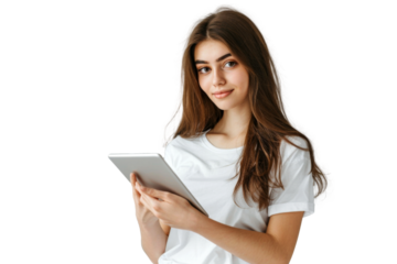 Studio portrait company worker beautiful young Caucasian woman with an attractive smile wearing casual outfits and holding digital tablet, isolated on transparent png background.